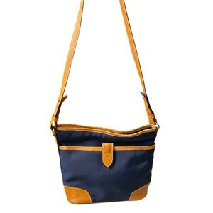 Elegant Blue and Tan Crossbody Bag with Leather Accents